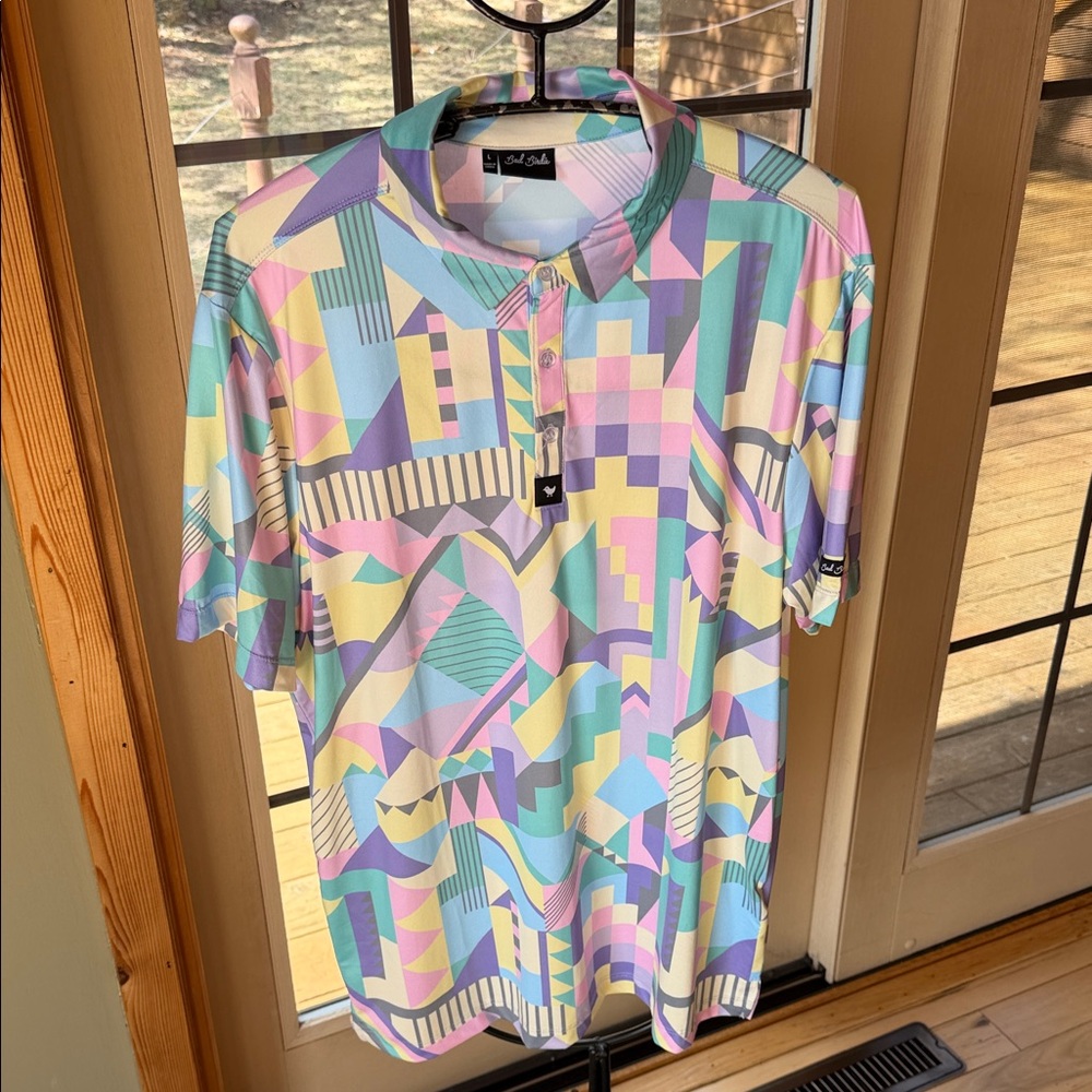 Bad Birdie Abstract Geo-Print Short Sleeve Golf Polo Shirt - Pastel Retro